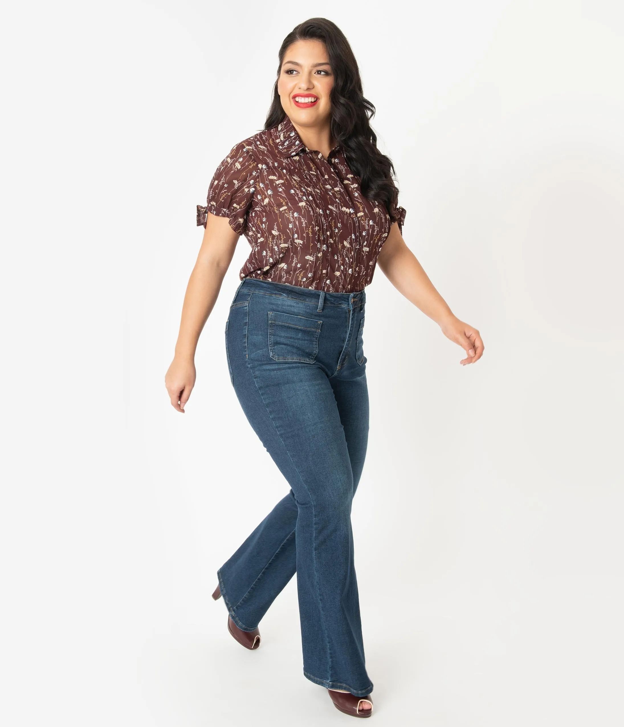 Plus Size Retro Blue Denim Bell Bottom Jeans