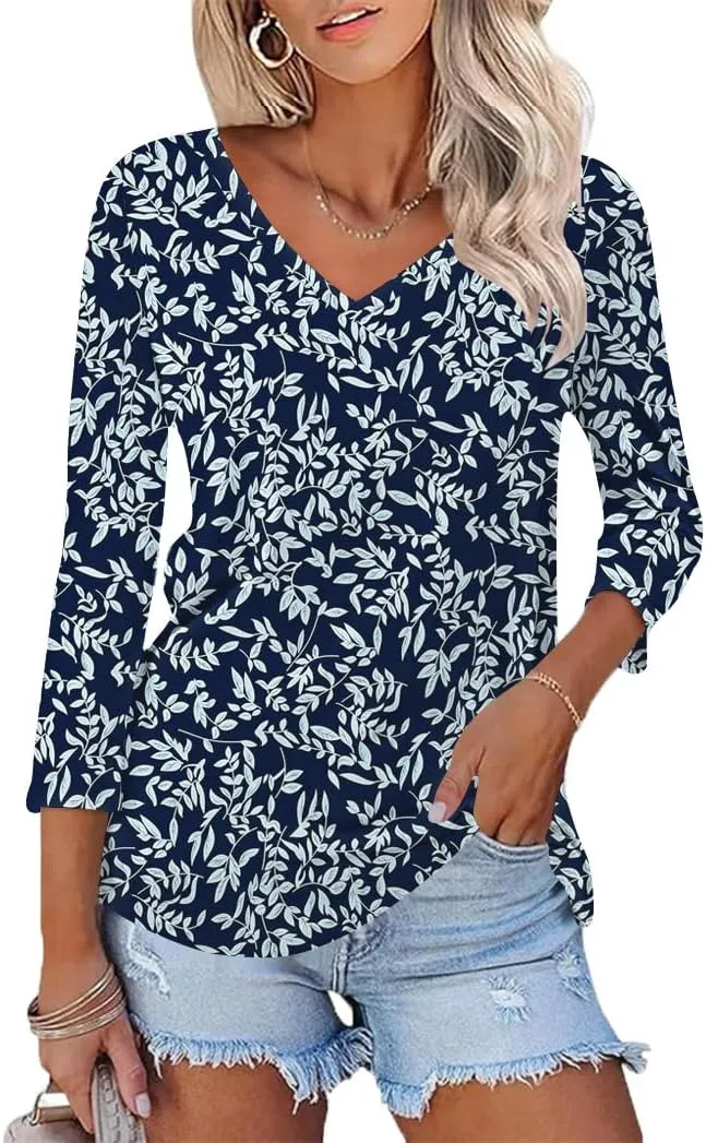Poetsky Womens 3/4 Sleeve V Neck T Shirts Summer Casual Tops Basic Tees