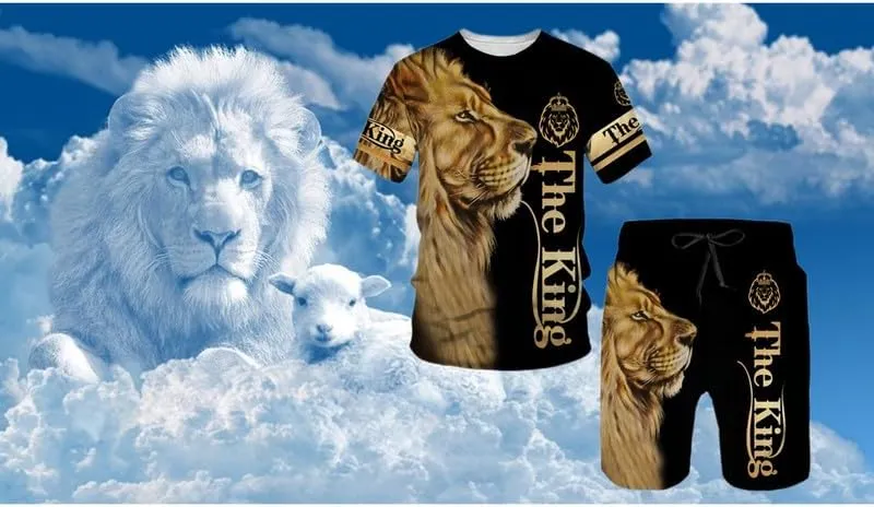 prigridche Wolf & Lion 3D Printed Casual Short Sleeve Crew Neck Suit for Men 2 Piece Shorts Tracksuit