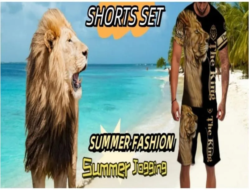 prigridche Wolf & Lion 3D Printed Casual Short Sleeve Crew Neck Suit for Men 2 Piece Shorts Tracksuit