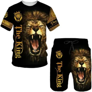 prigridche Wolf & Lion 3D Printed Casual Short Sleeve Crew Neck Suit for Men 2 Piece Shorts Tracksuit