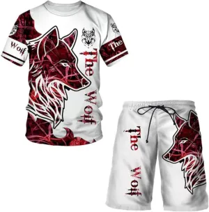 prigridche Wolf & Lion 3D Printed Casual Short Sleeve Crew Neck Suit for Men 2 Piece Shorts Tracksuit