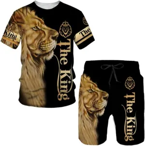 prigridche Wolf & Lion 3D Printed Casual Short Sleeve Crew Neck Suit for Men 2 Piece Shorts Tracksuit