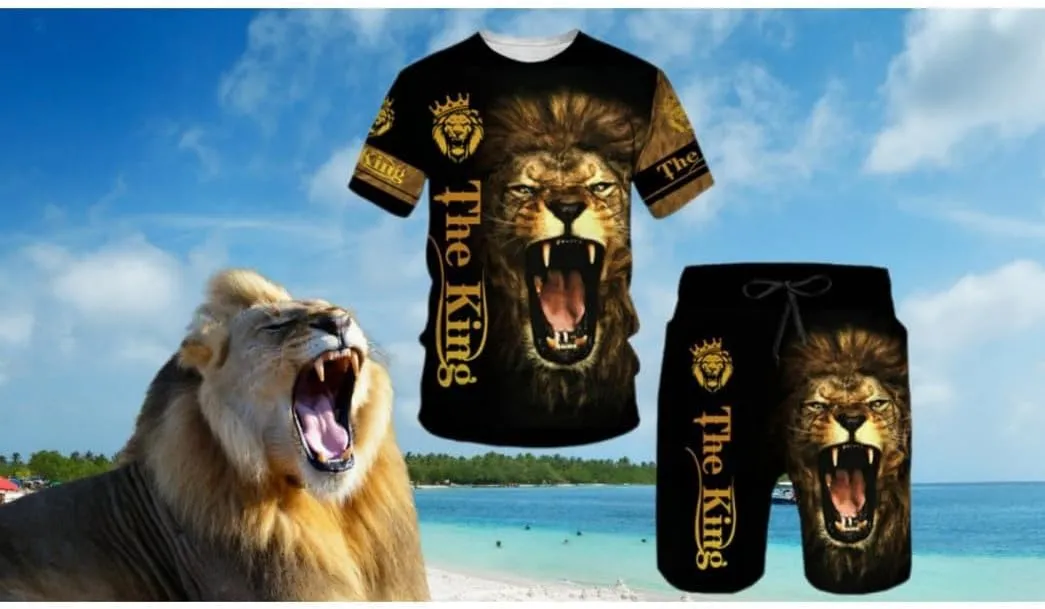 prigridche Wolf & Lion 3D Printed Casual Short Sleeve Crew Neck Suit for Men 2 Piece Shorts Tracksuit