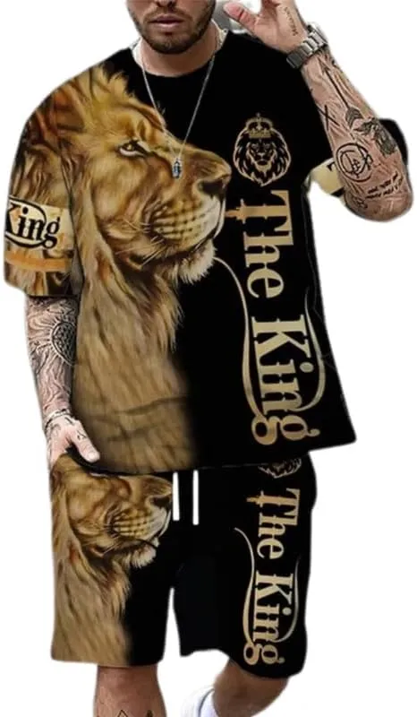prigridche Wolf & Lion 3D Printed Casual Short Sleeve Crew Neck Suit for Men 2 Piece Shorts Tracksuit