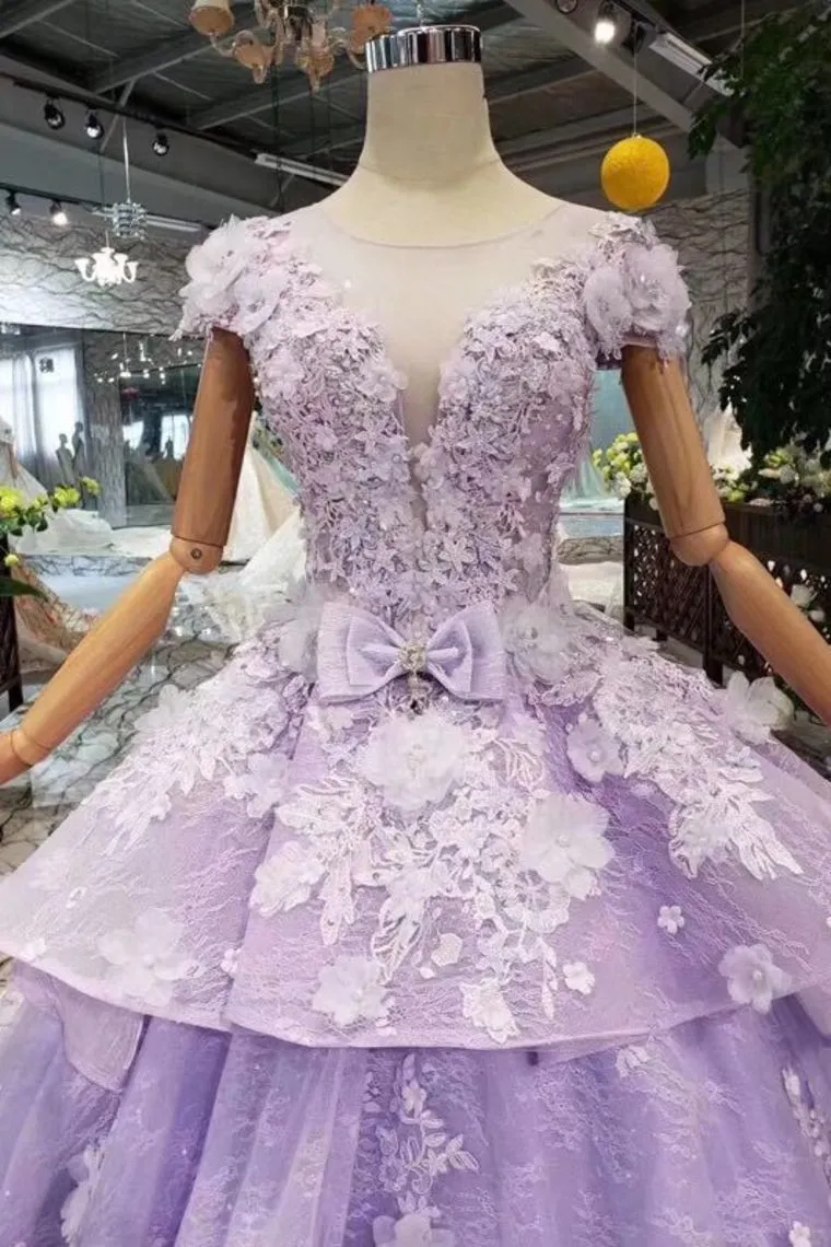 Princess Lilac Beaded Quinceanera Gown 3D Floral Appliques Ball Gown