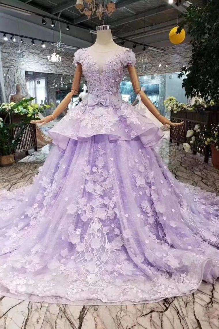 Princess Lilac Beaded Quinceanera Gown 3D Floral Appliques Ball Gown