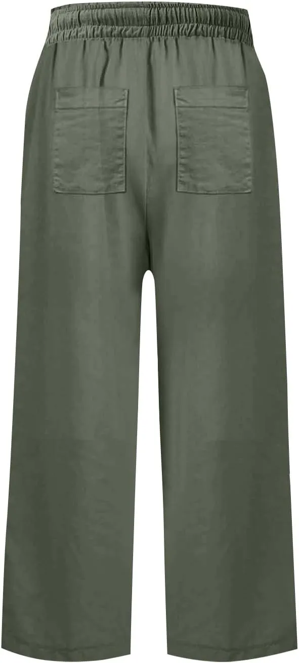 PTOLOCIF Cotton Linen Pants Women Culottes Pants Elastic High Waist Wide Leg Palazzo Trousers Straight Leg Pant with Pockets
