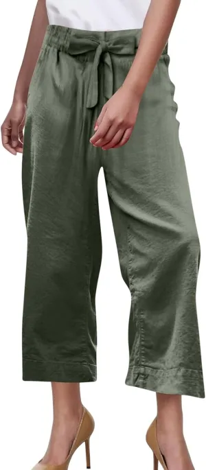 PTOLOCIF Cotton Linen Pants Women Culottes Pants Elastic High Waist Wide Leg Palazzo Trousers Straight Leg Pant with Pockets
