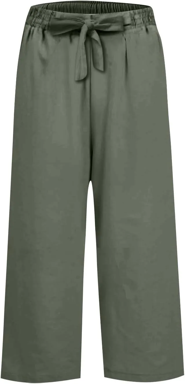 PTOLOCIF Cotton Linen Pants Women Culottes Pants Elastic High Waist Wide Leg Palazzo Trousers Straight Leg Pant with Pockets