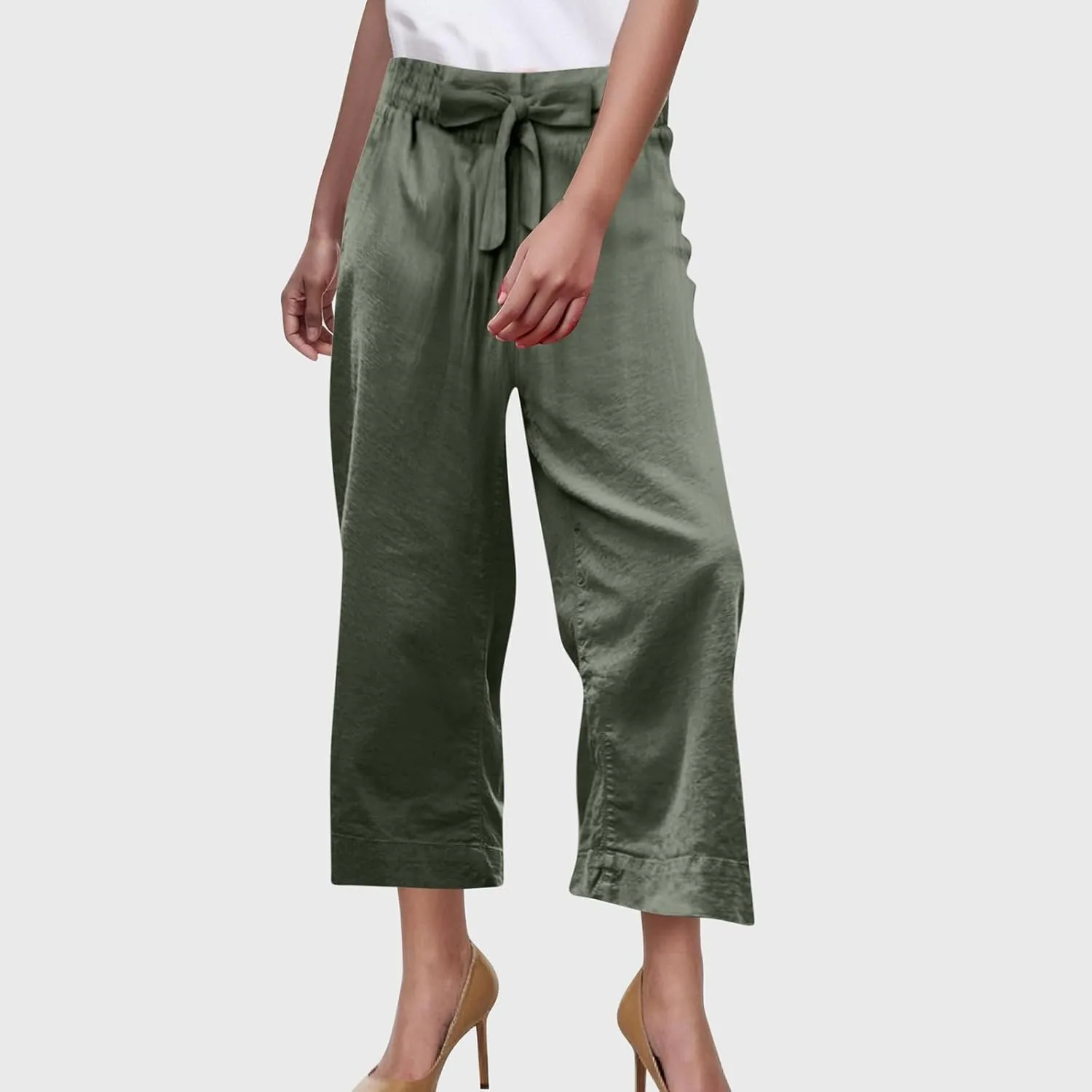 PTOLOCIF Cotton Linen Pants Women Culottes Pants Elastic High Waist Wide Leg Palazzo Trousers Straight Leg Pant with Pockets