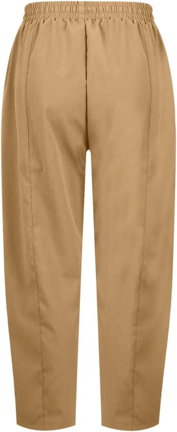 PTOLOCIF Womens Cotton Linen Pants Culottes Pants Elastic High Waist Wide Leg Palazzo Trousers Straight Leg Pant with Pockets