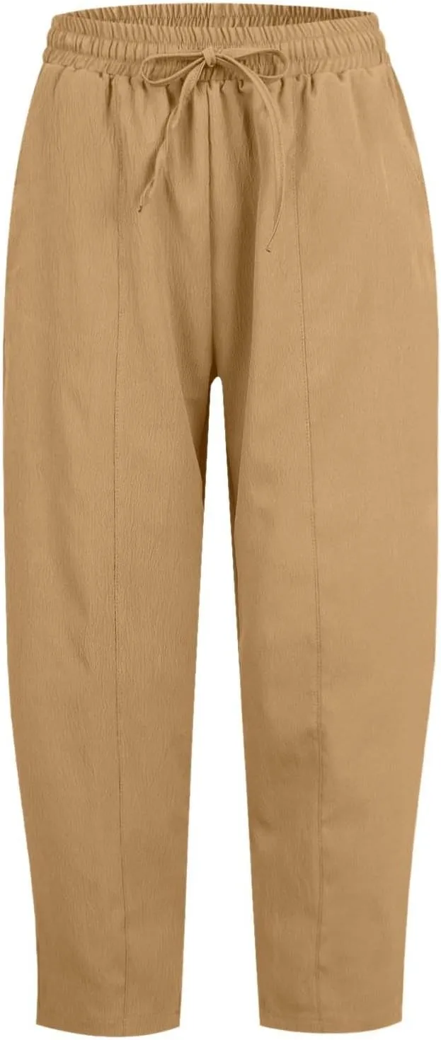 PTOLOCIF Womens Cotton Linen Pants Culottes Pants Elastic High Waist Wide Leg Palazzo Trousers Straight Leg Pant with Pockets