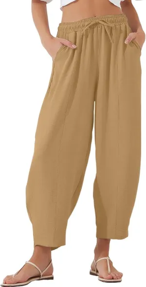 PTOLOCIF Womens Cotton Linen Pants Culottes Pants Elastic High Waist Wide Leg Palazzo Trousers Straight Leg Pant with Pockets