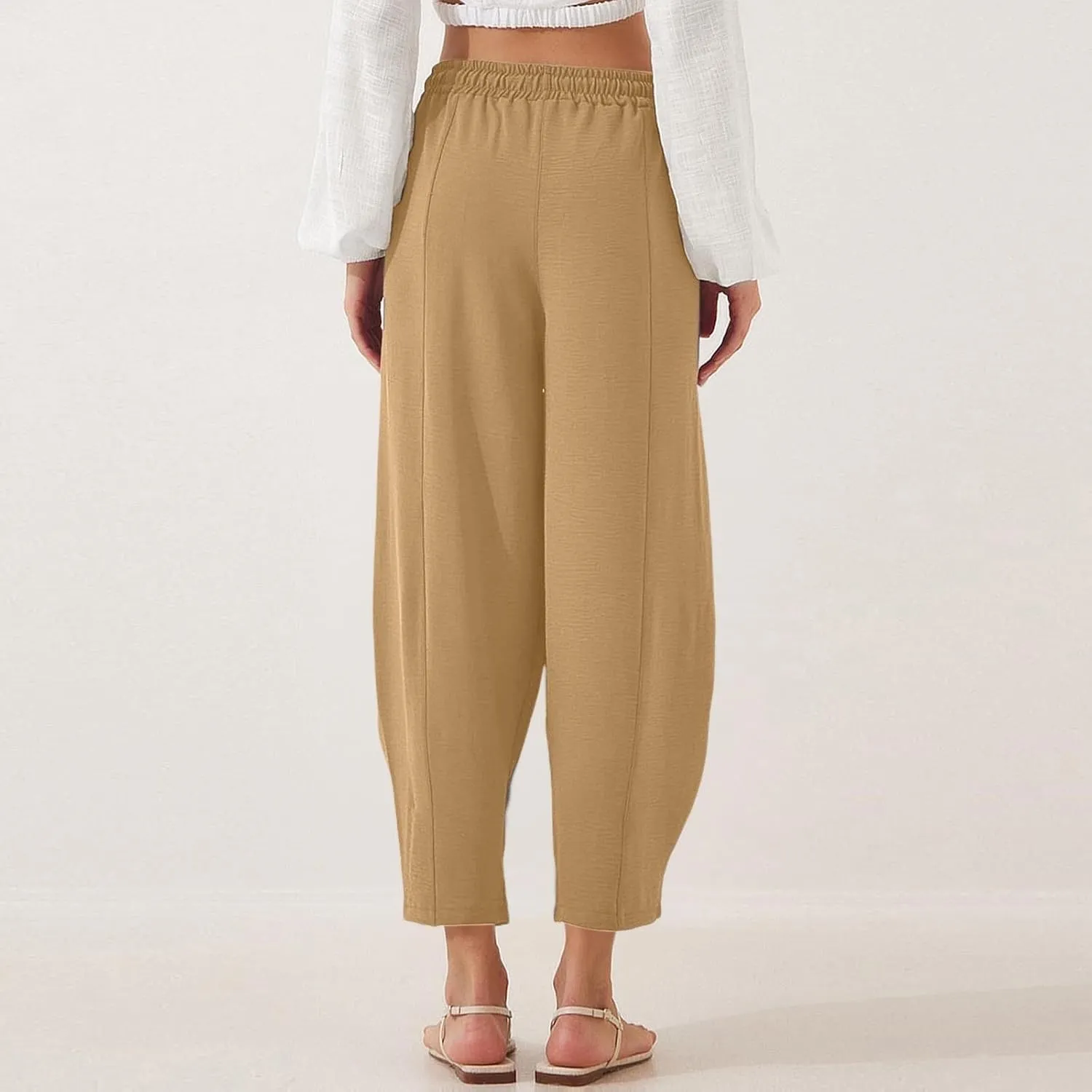 PTOLOCIF Womens Cotton Linen Pants Culottes Pants Elastic High Waist Wide Leg Palazzo Trousers Straight Leg Pant with Pockets
