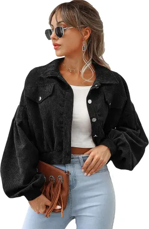 Qiaomai Womens Cropped Corduroy Jacket Loose Button Down Puff Sleeve Shacket Coat