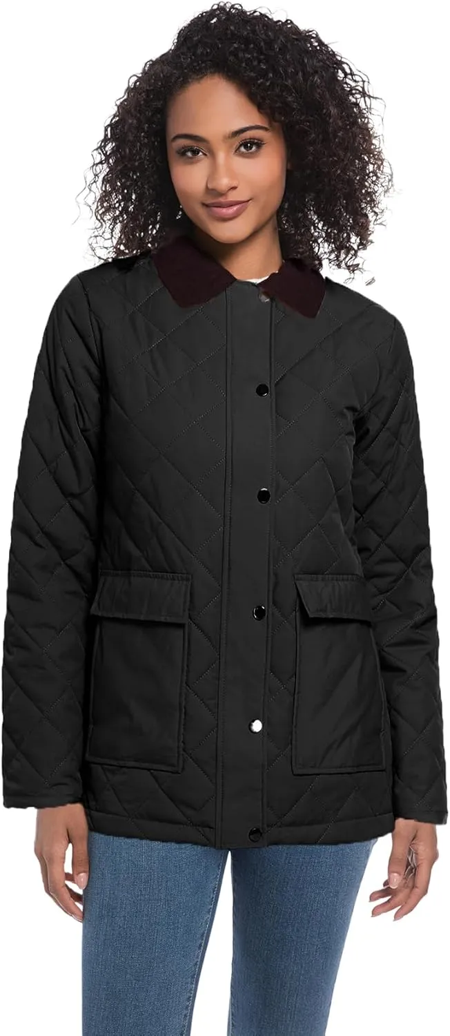 Quilted Barn Jacket for Women Corduroy Collar Lightweight Puffer Jackets Casual Winter Coat with Pockets