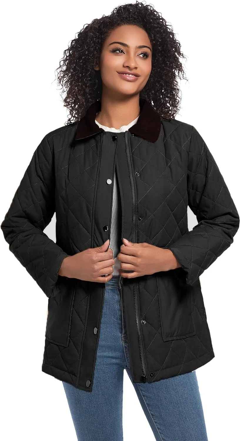 Quilted Barn Jacket for Women Corduroy Collar Lightweight Puffer Jackets Casual Winter Coat with Pockets