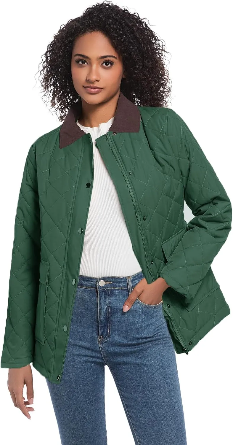 Quilted Barn Jacket for Women Corduroy Collar Lightweight Puffer Jackets Casual Winter Coat with Pockets