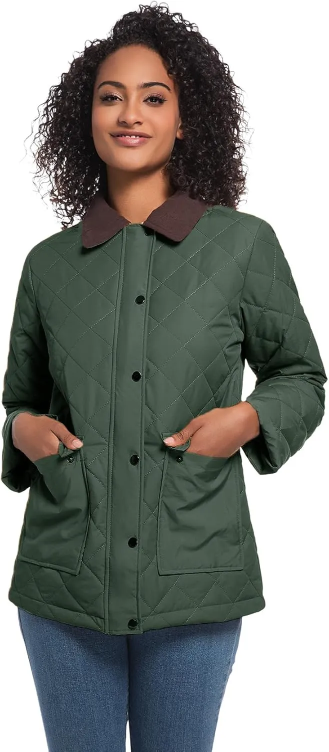 Quilted Barn Jacket for Women Corduroy Collar Lightweight Puffer Jackets Casual Winter Coat with Pockets