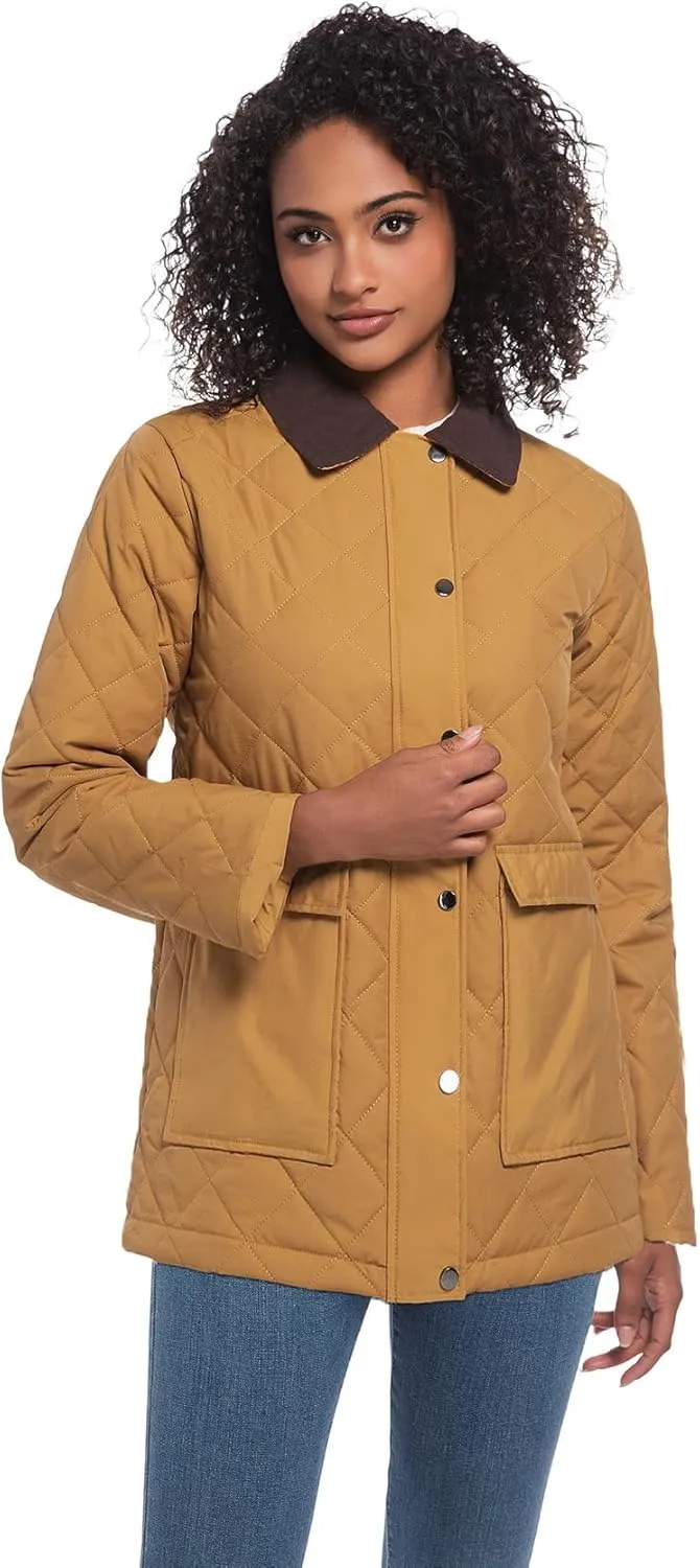 Quilted Barn Jacket for Women Corduroy Collar Lightweight Puffer Jackets Casual Winter Coat with Pockets
