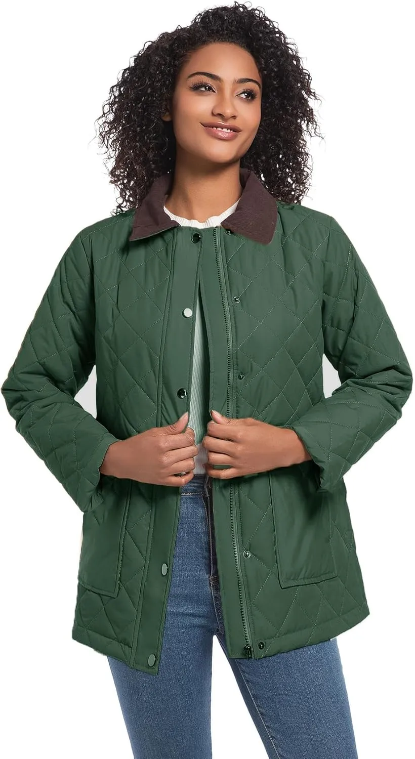 Quilted Barn Jacket for Women Corduroy Collar Lightweight Puffer Jackets Casual Winter Coat with Pockets