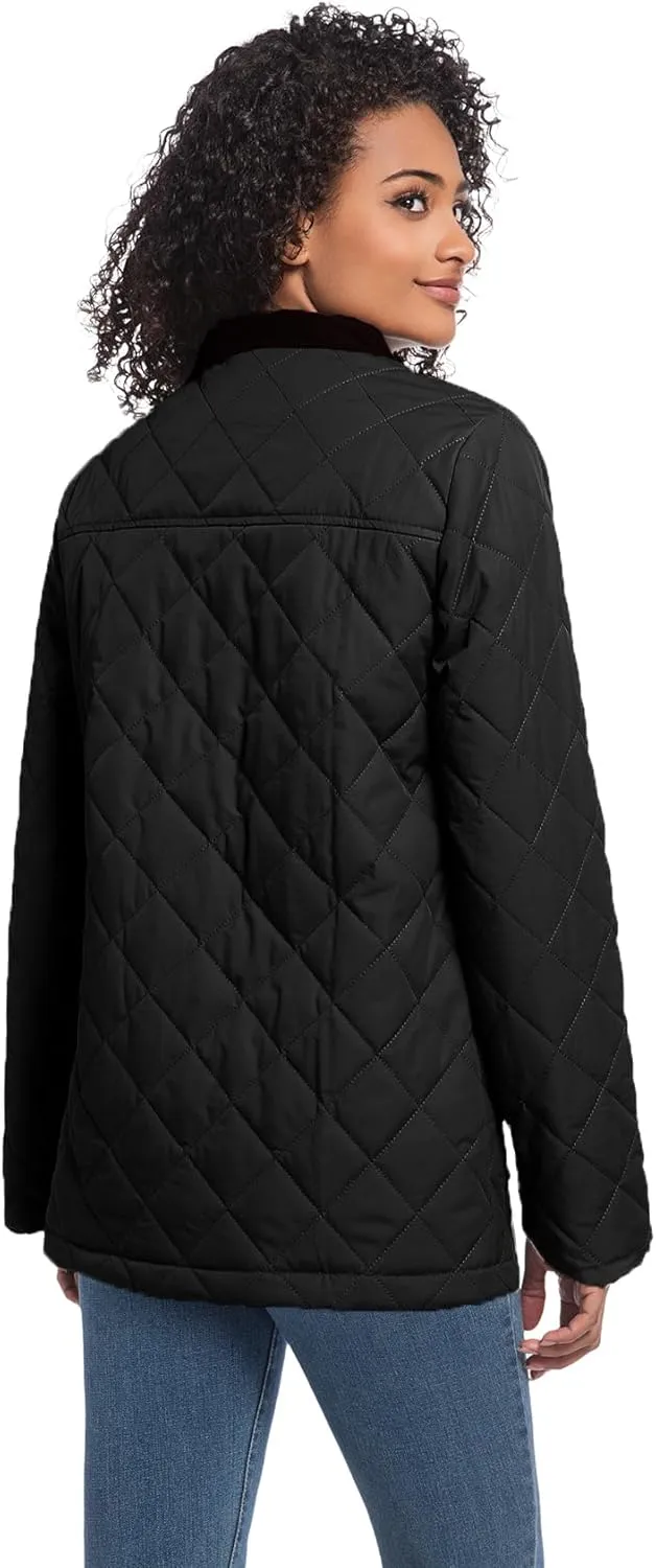 Quilted Barn Jacket for Women Corduroy Collar Lightweight Puffer Jackets Casual Winter Coat with Pockets