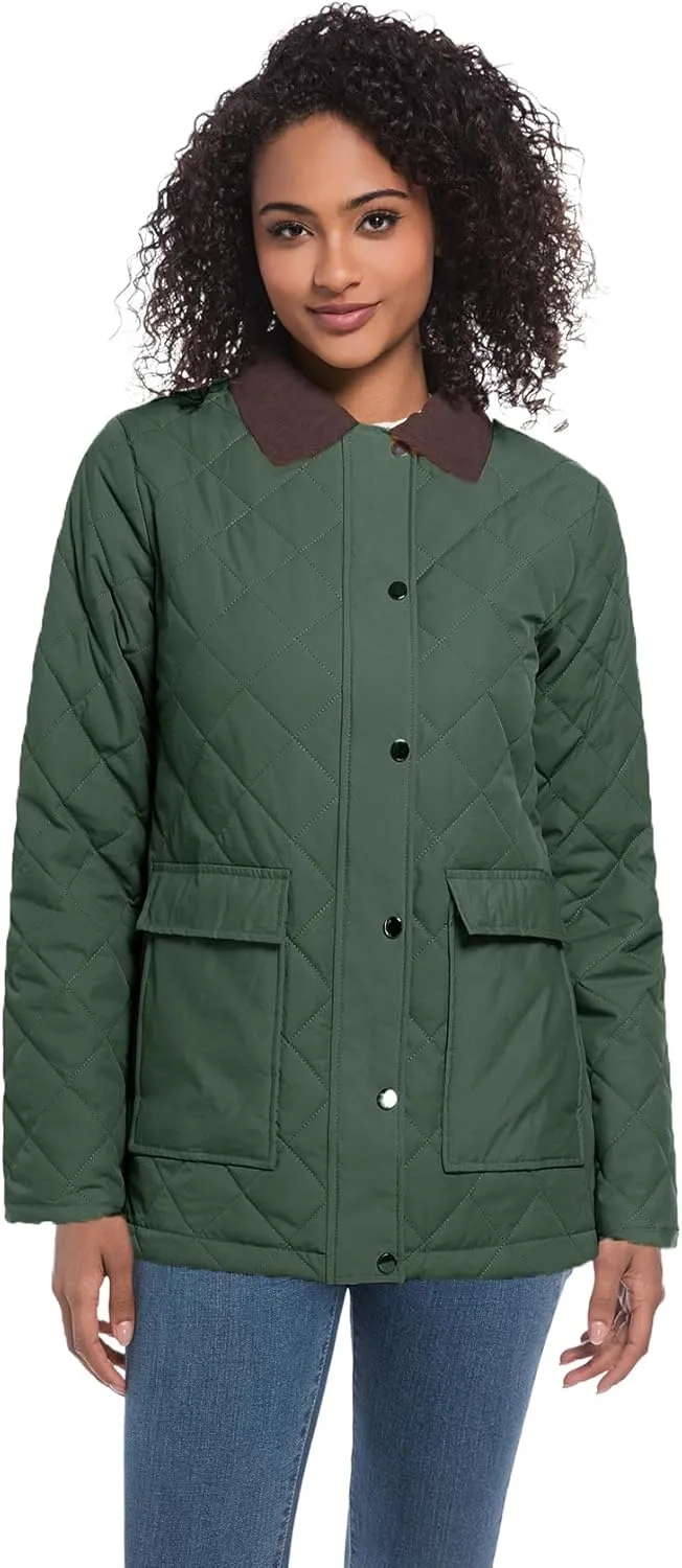 Quilted Barn Jacket for Women Corduroy Collar Lightweight Puffer Jackets Casual Winter Coat with Pockets