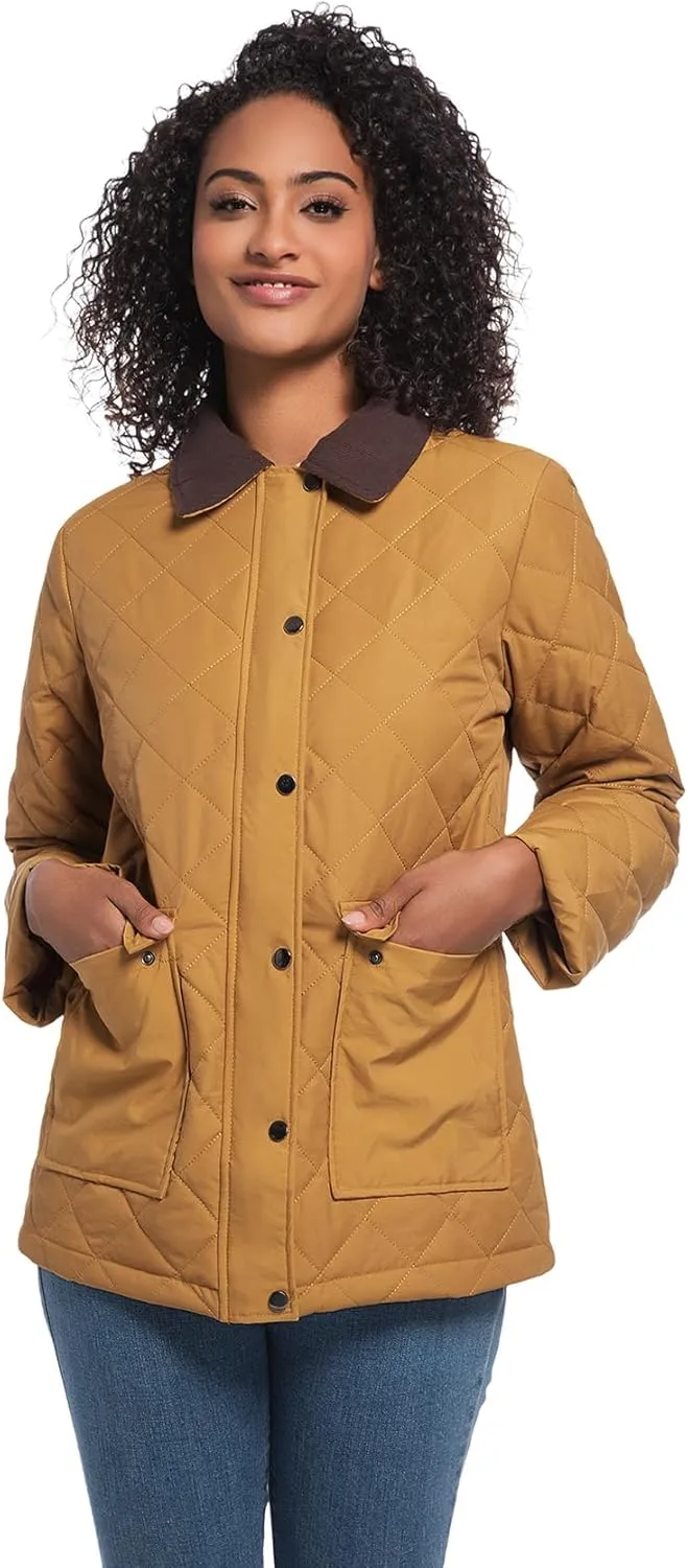 Quilted Barn Jacket for Women Corduroy Collar Lightweight Puffer Jackets Casual Winter Coat with Pockets