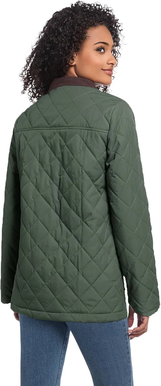 Quilted Barn Jacket for Women Corduroy Collar Lightweight Puffer Jackets Casual Winter Coat with Pockets
