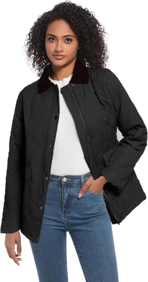 Quilted Barn Jacket for Women Corduroy Collar Lightweight Puffer Jackets Casual Winter Coat with Pockets