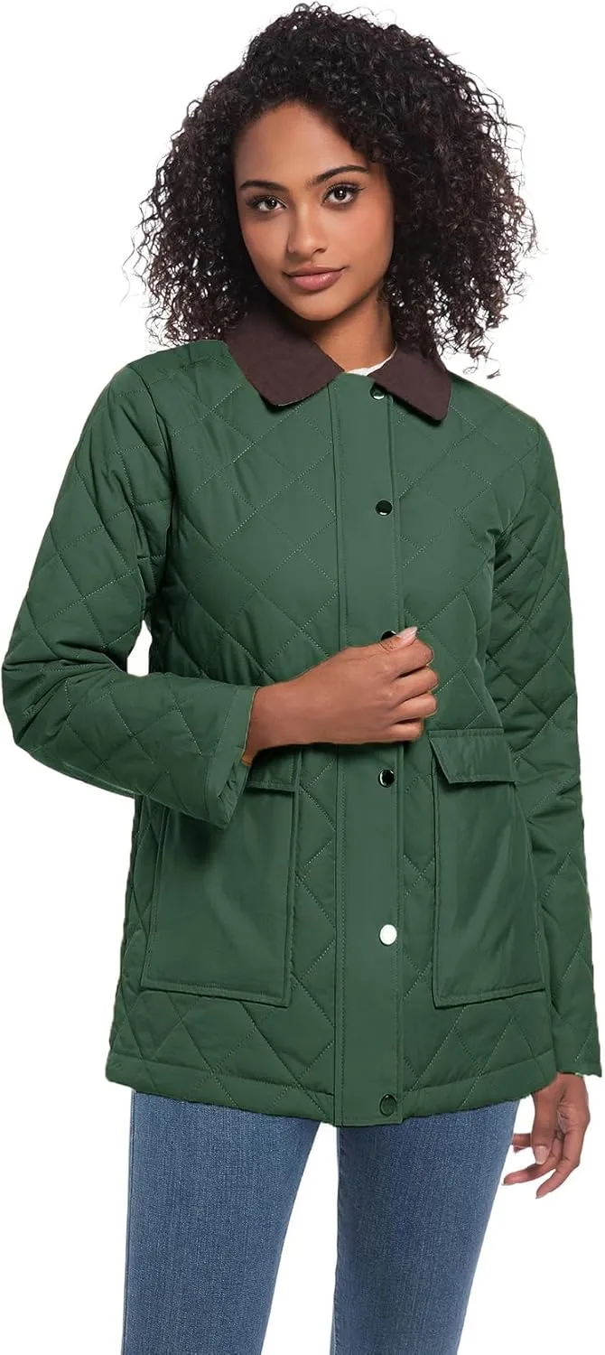 Quilted Barn Jacket for Women Corduroy Collar Lightweight Puffer Jackets Casual Winter Coat with Pockets