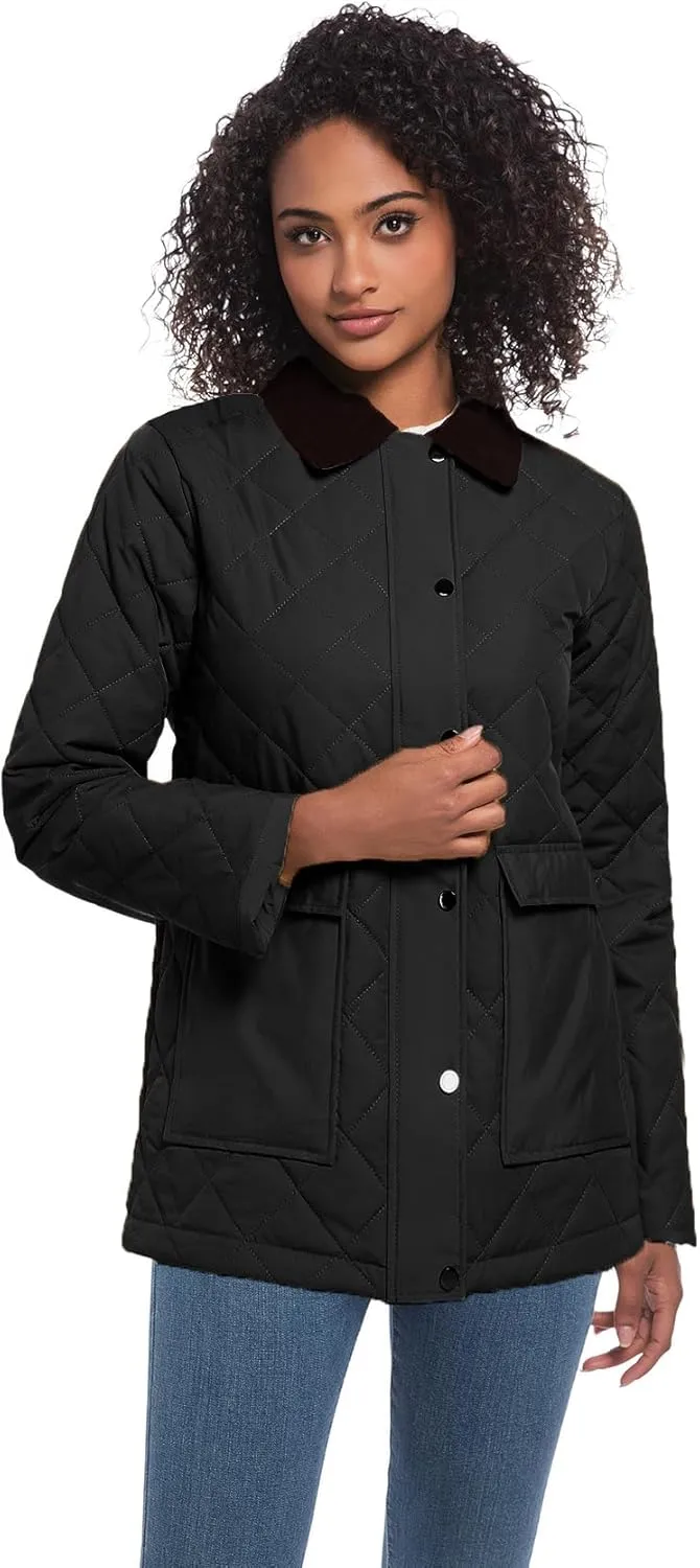 Quilted Barn Jacket for Women Corduroy Collar Lightweight Puffer Jackets Casual Winter Coat with Pockets