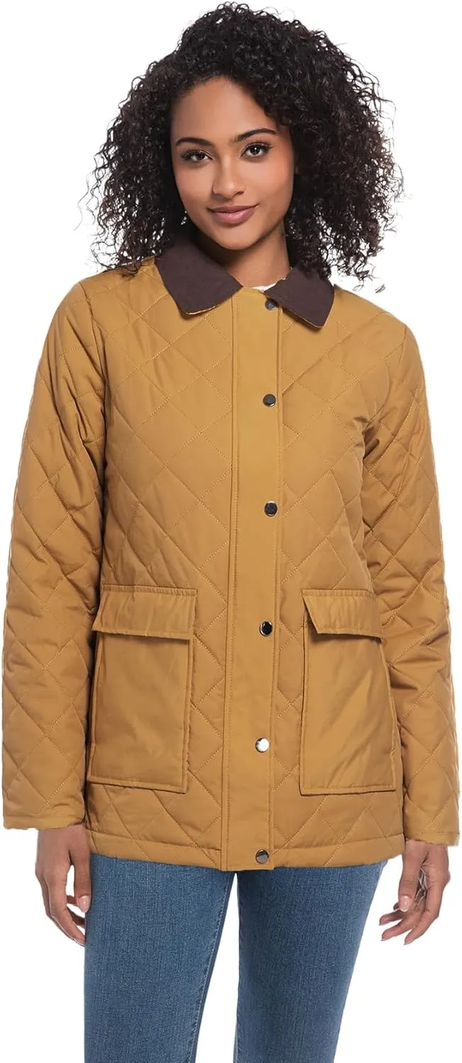 Quilted Barn Jacket for Women Corduroy Collar Lightweight Puffer Jackets Casual Winter Coat with Pockets