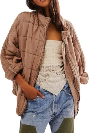 Quilted Jackets for Women Long Sleeve Zip Up Jacket Down Coat Loose Fit Puffer Jackets Winter Warm Outwear with Pockets