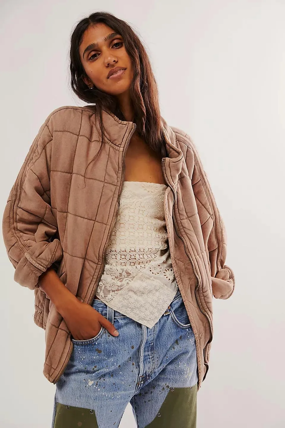 Quilted Jackets for Women Long Sleeve Zip Up Jacket Down Coat Loose Fit Puffer Jackets Winter Warm Outwear with Pockets