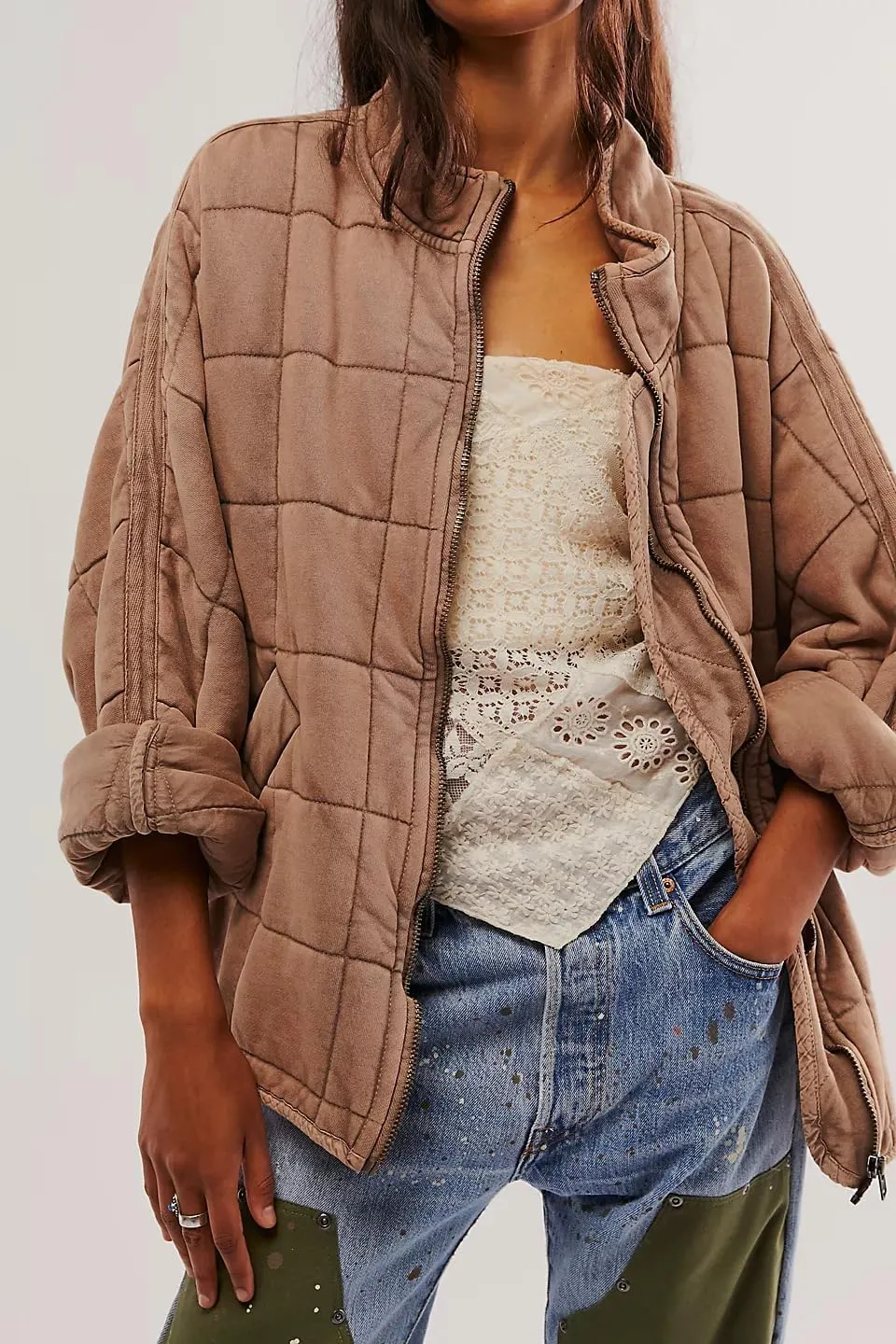 Quilted Jackets for Women Long Sleeve Zip Up Jacket Down Coat Loose Fit Puffer Jackets Winter Warm Outwear with Pockets
