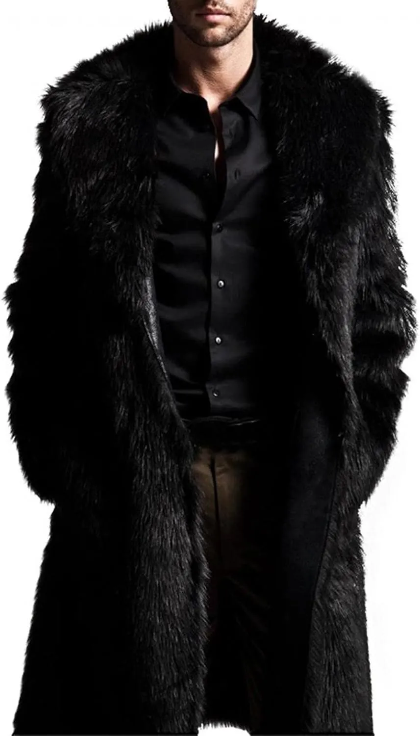 QWENTMTNTY Men's Fashion Faux Fur Coat Long Length Fashion Fluffy Heavyweight Coat Winter Plush Furry Luxury Parka Jacket