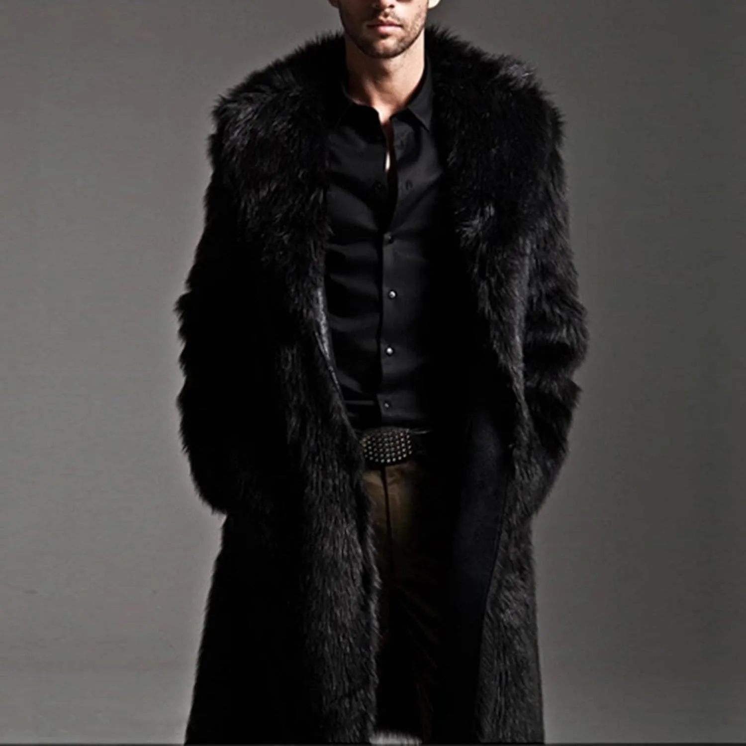 QWENTMTNTY Men's Fashion Faux Fur Coat Long Length Fashion Fluffy Heavyweight Coat Winter Plush Furry Luxury Parka Jacket