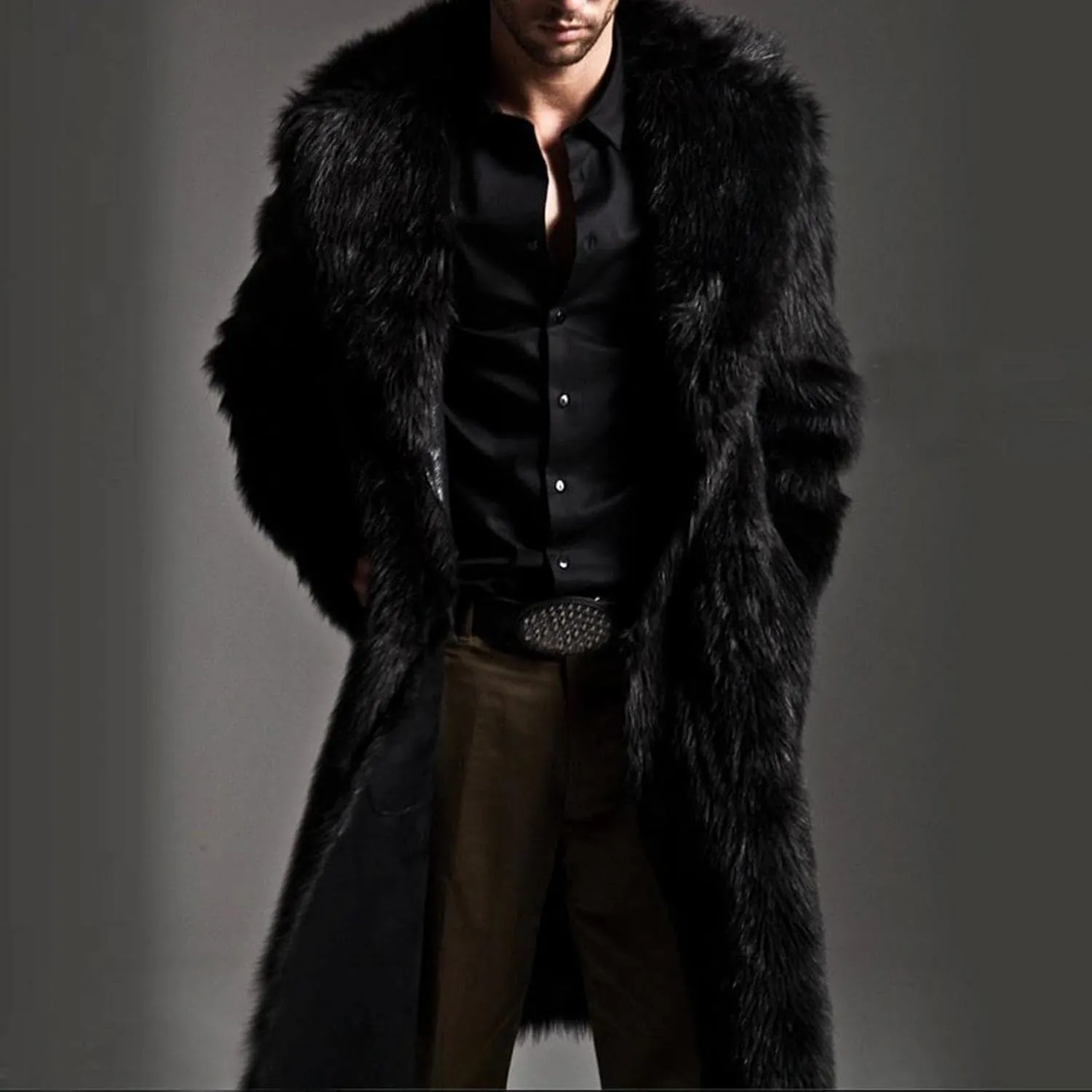 QWENTMTNTY Men's Fashion Faux Fur Coat Long Length Fashion Fluffy Heavyweight Coat Winter Plush Furry Luxury Parka Jacket