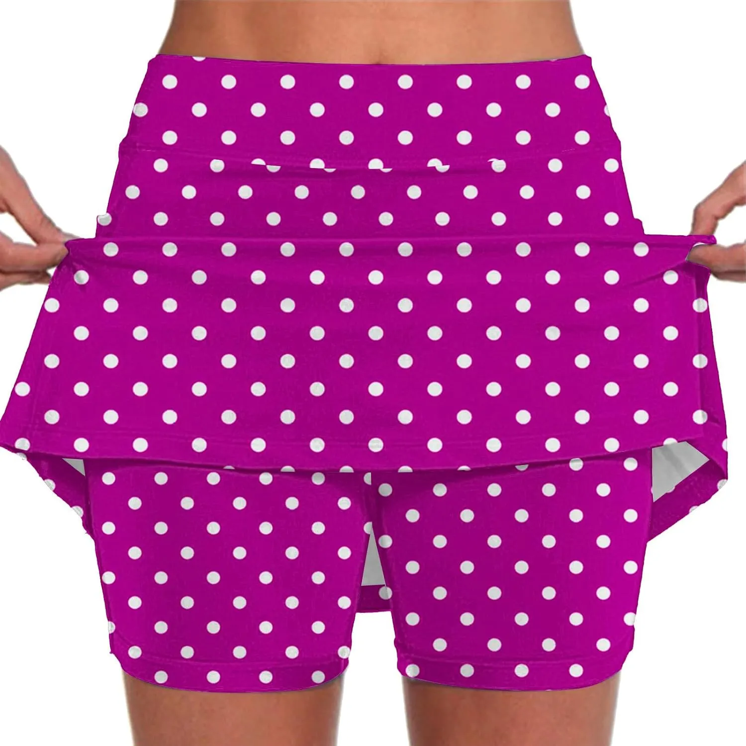 Red Polka Dot Skirt Elastic Yoga Culottes for Women Polka Dot Tiered High Wasited Skirts Tennis Shorts with Pockets