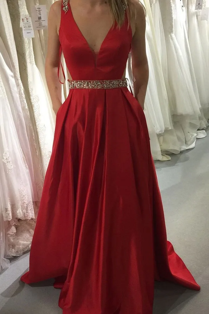 Red Satin Prom Dress A-line V-Neck Satin Evening Gown With Pockets