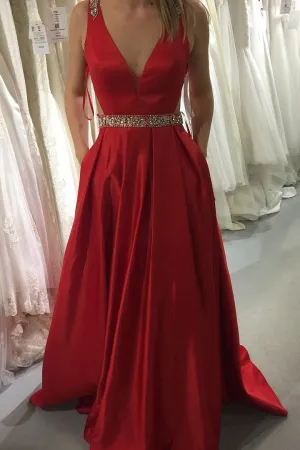 Red Satin Prom Dress A-line V-Neck Satin Evening Gown With Pockets