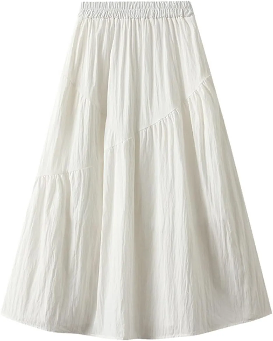 Ruffle Midi Skirts for Women Elastic Waist Pleated Swing Skirt Trendy Business Solid Color Casual A-Line Skirts