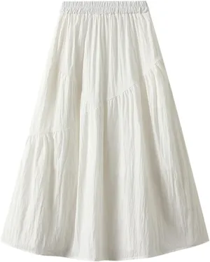 Ruffle Midi Skirts for Women Elastic Waist Pleated Swing Skirt Trendy Business Solid Color Casual A-Line Skirts