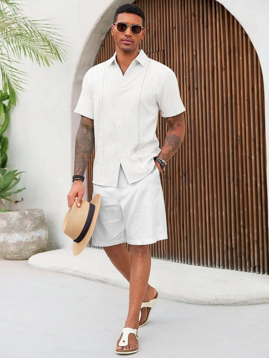 Runcati Mens Cuban Guayabera Shirts Short Sleeve Linen Casual Shirt Button Down Beach Summer Mexican Shirts