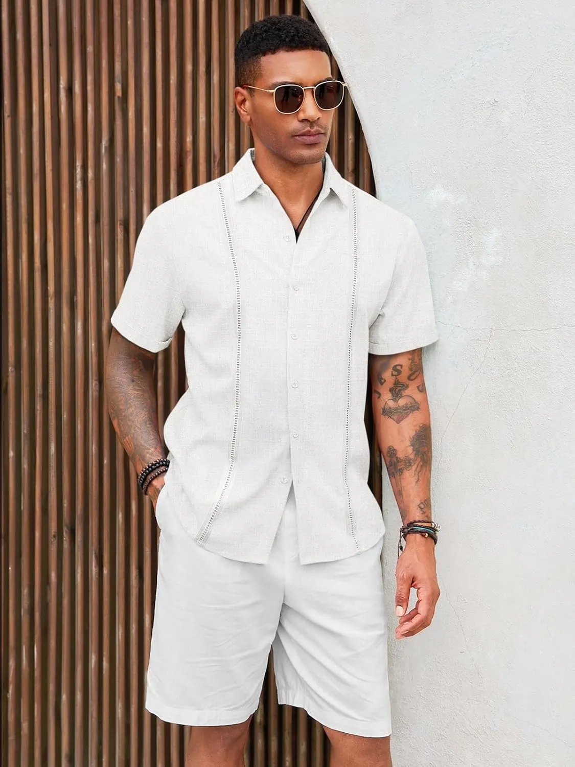 Runcati Mens Cuban Guayabera Shirts Short Sleeve Linen Casual Shirt Button Down Beach Summer Mexican Shirts