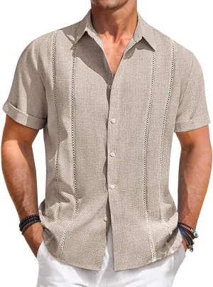 Runcati Mens Guayabera Shirts Short Sleeve Casual Cuban Linen Shirt Button Down Beach Summer Mexican Shirts