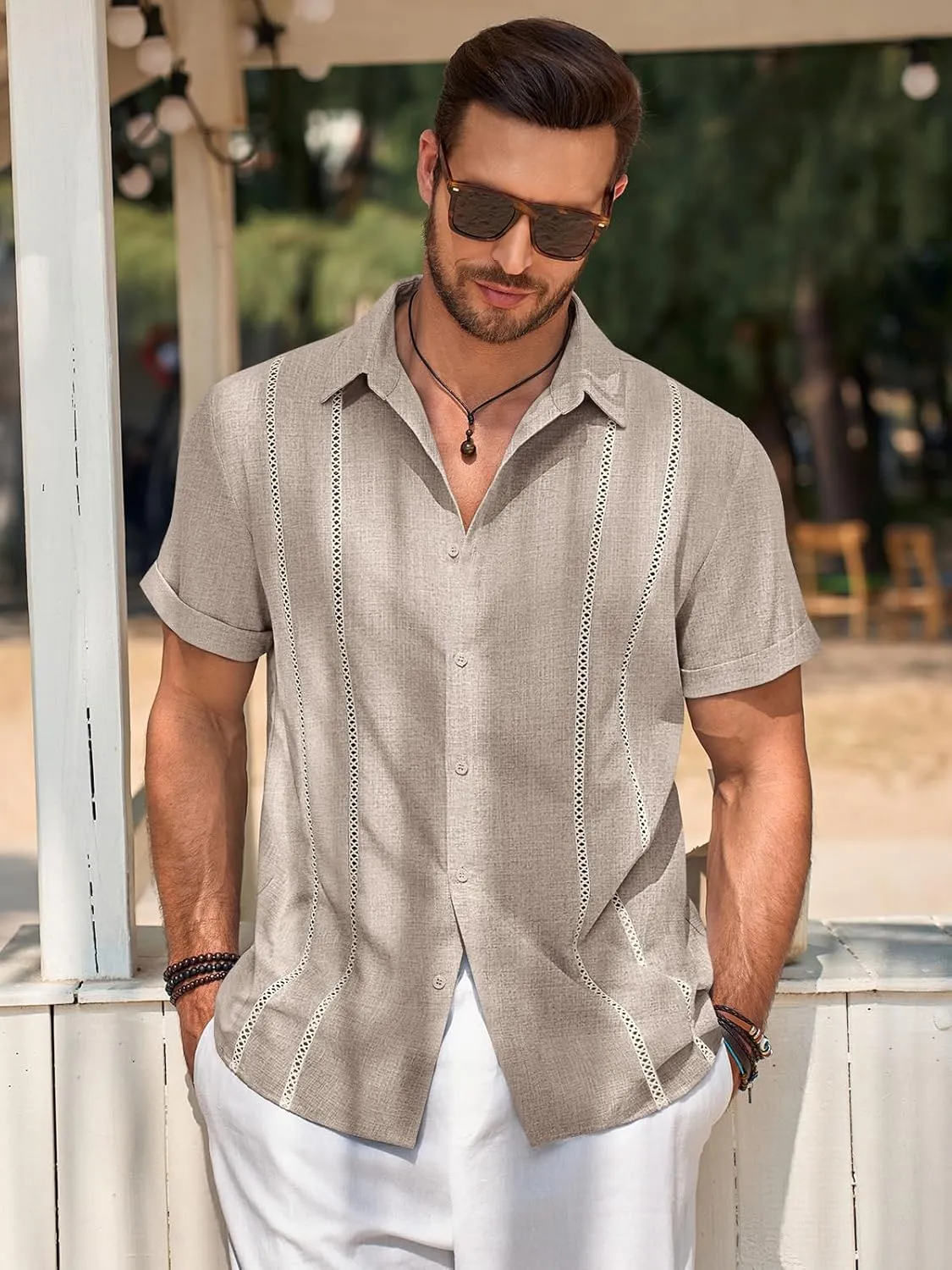 Runcati Mens Guayabera Shirts Short Sleeve Casual Cuban Linen Shirt Button Down Beach Summer Mexican Shirts
