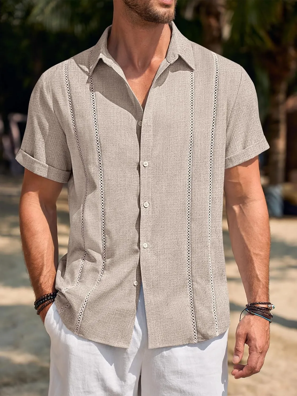 Runcati Mens Guayabera Shirts Short Sleeve Casual Cuban Linen Shirt Button Down Beach Summer Mexican Shirts